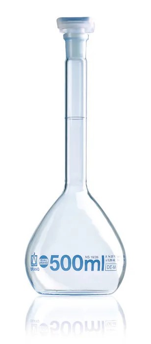 Matraz aforado, BLAUBRAND® clase A, DE-M, 50 ml A, Boro 3.3, tapón en PP, NS 14/23. Precio por unidad en la descripción. Compra por múltiplo de 2. Brand.